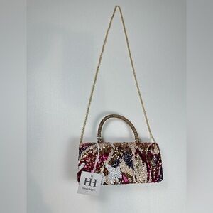 New Haute Hippie Crossbody Bag Sequin Clutch Purse Gold Tone Chain Bronze Color